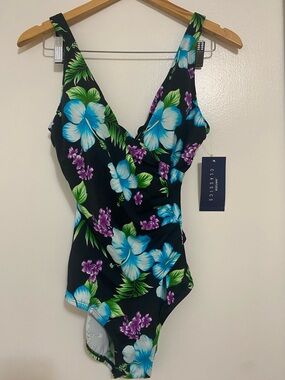 Jantzen Black One-Piece Swimsuit with Blue & Purple Floral Print